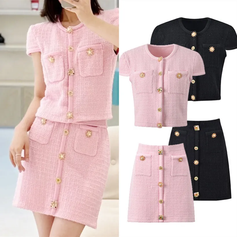 High-End Version SE Home Small Fragrance Style Short Sleeve Diamond Button Pink Knitted Top Half Skirt Set for Women