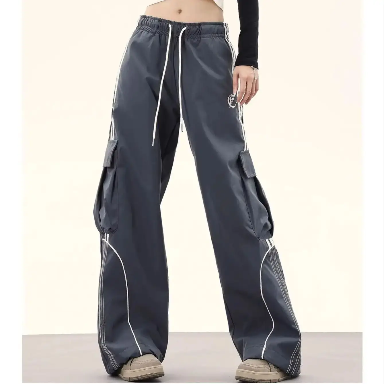 GC Women American High Street Color Block Cargo Pants, Vintage Hip Hop Straight Wide Leg Floor-Length Trousers