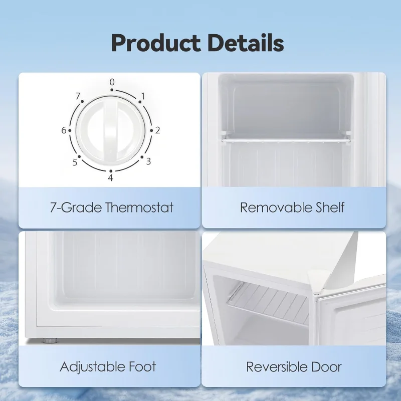 فريزر مستقيم صغير 1.1 قدم مكعب، فريزر صغير مدمج مع أرفف قابلة للإزالة، ترموستات قابل للتعديل، مفصل باب قابل للعكس