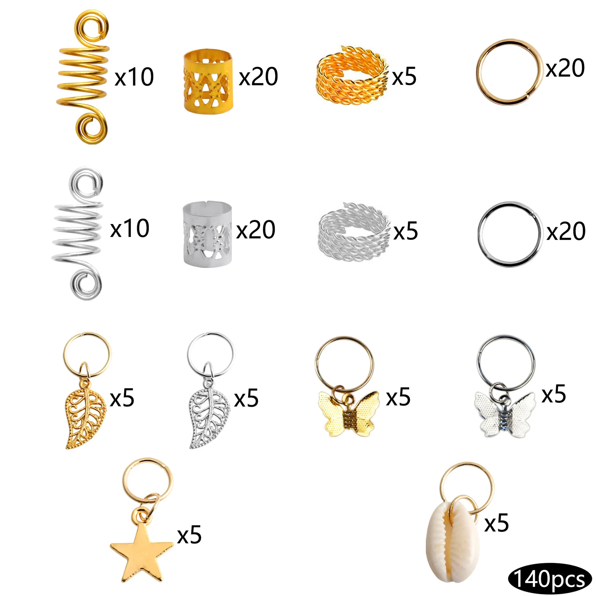 140pcs Gold Silver Hair Ring Braid Dreadlocks Bead Hair Cuffs Tube Leaf Star Seashell Charm Dreadlock Accessaries Extension