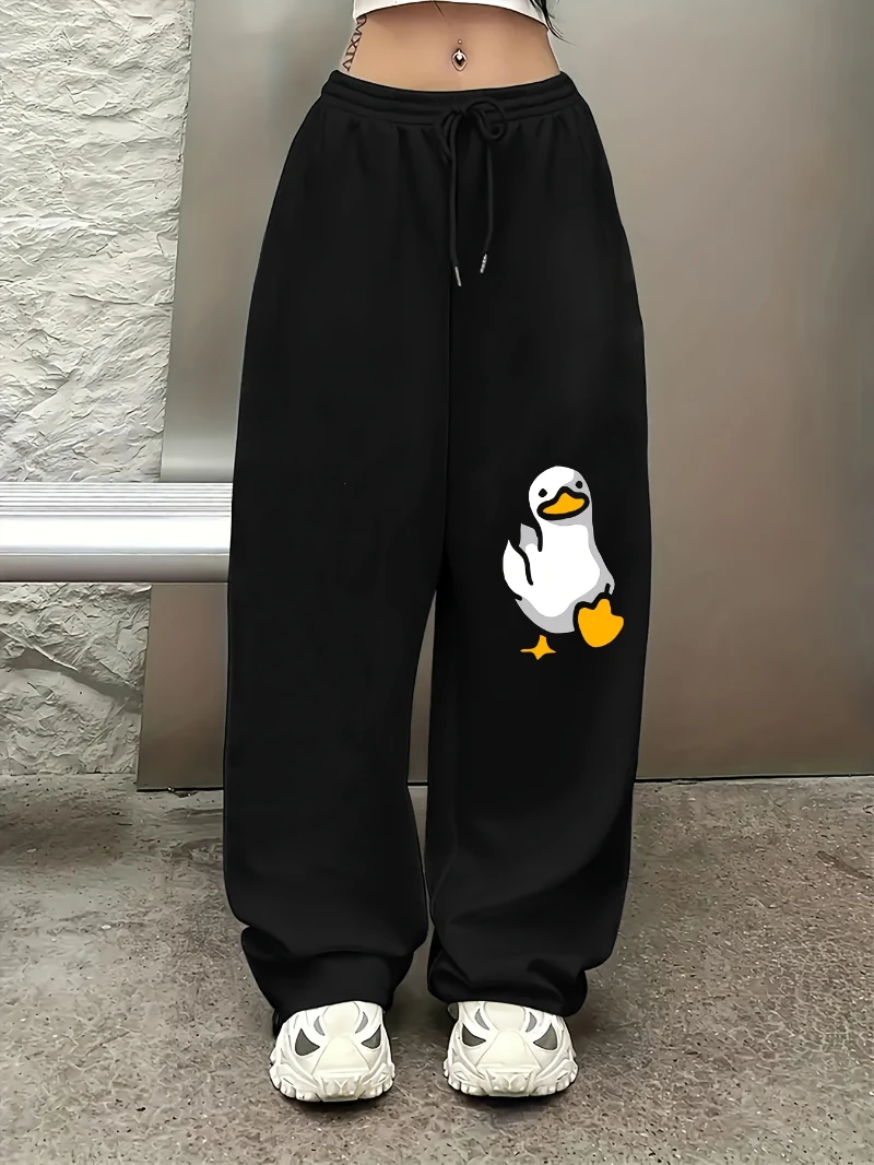 

Women'S Casual Graphic Print Drawstring Waistband Joggers - Black, Loose Straight Leg, Polyester, Sporty & Stylish for Winter
