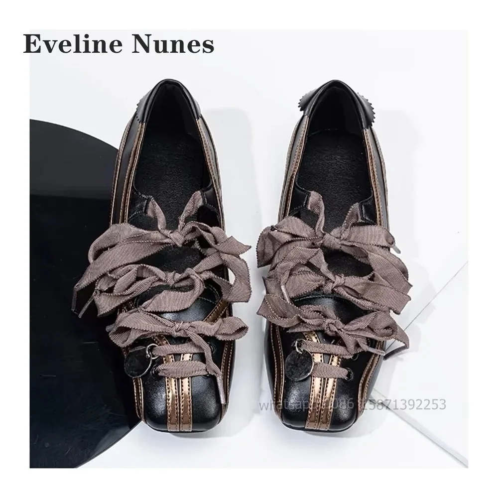 Bow Lace Up Mary Janes Square Toe Flat with Slip On Splicing Lady Sandals Mixed Colors Shallow Metal Decoration Retro Pumps 2024