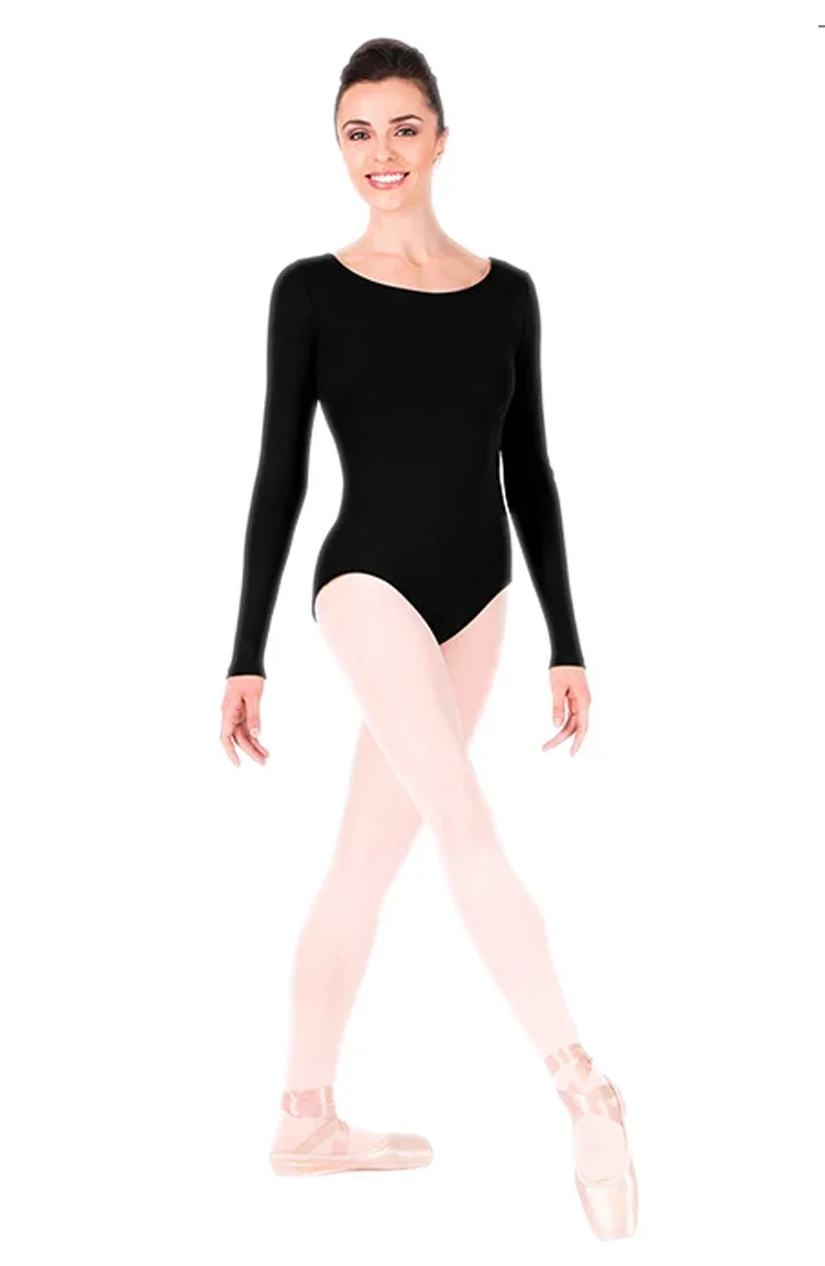 Speerise-leotardo clásico de manga larga para mujer, traje de baile de Ballet, cuello redondo de nailon, gimnasia, Ropa de baile de nailon negro, Tops de LICRA