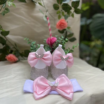 Dollbling 4 Seasons Girl 0-4 Years Gracefule Pink Butterfly Knot Prewalk Indoor Soft-Sole Shoes for Christening or Baby Shower
