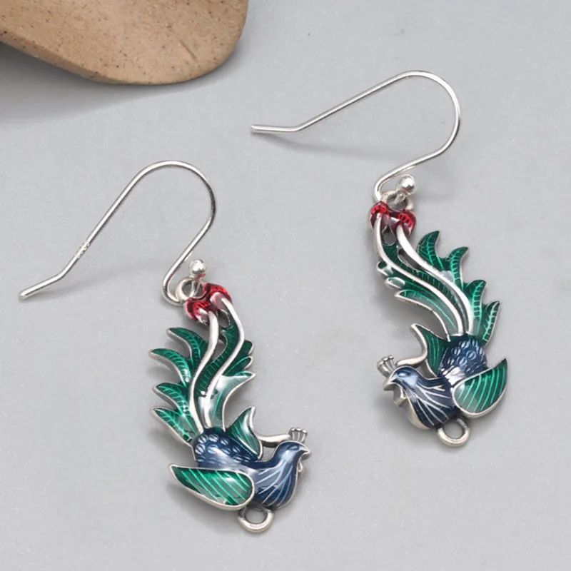 

Genuine S925 Sterling Silver Charms Drop Earrings for Women New Fashion Cloisonne Hollow Phoenix Ear-drop Jewelry Wholesale