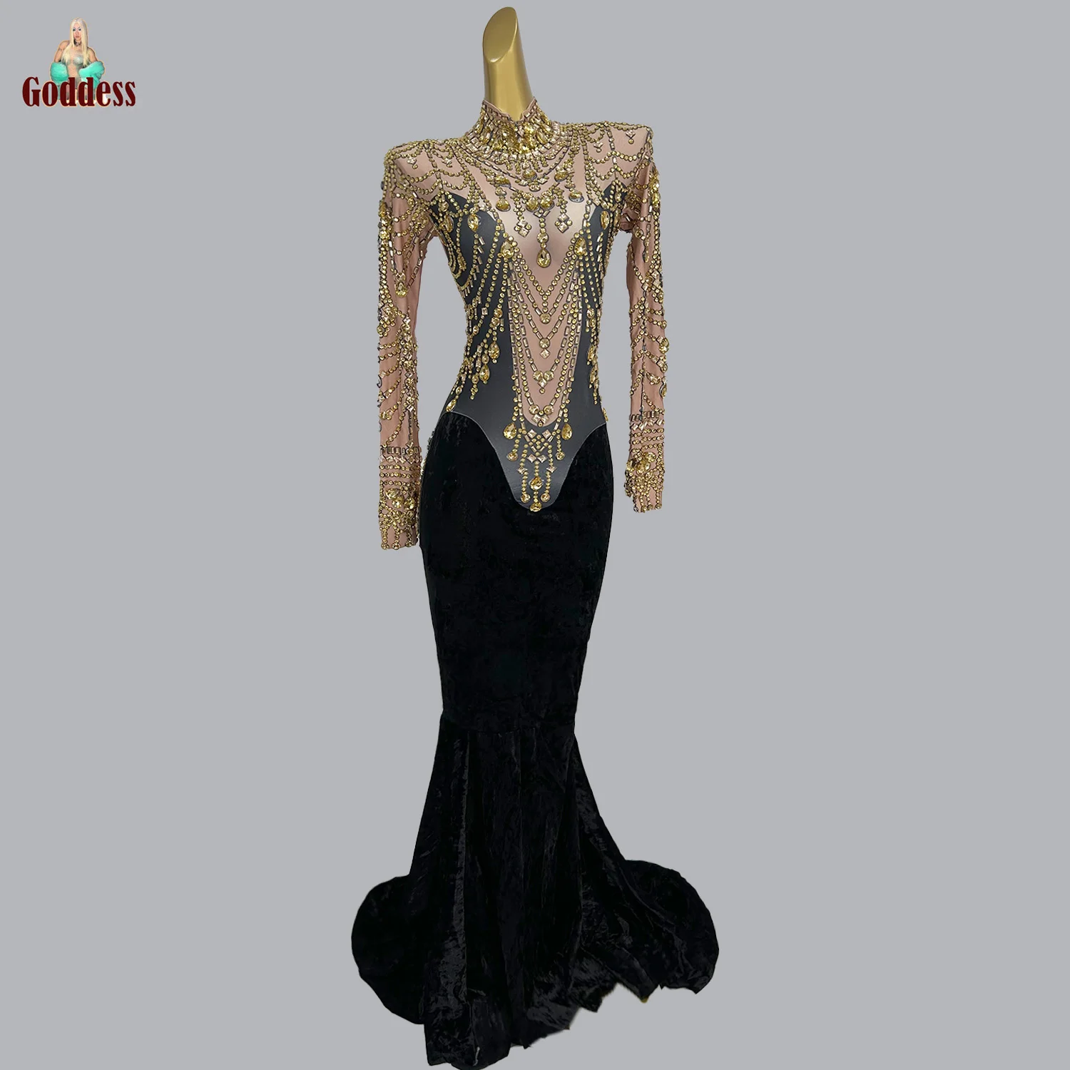 

Women Spandex Slim Long Sleeve Birthdy Party Dress Fashion Black Velvet Evening Gown Nightclub Party Dinner Wear Stage Costume