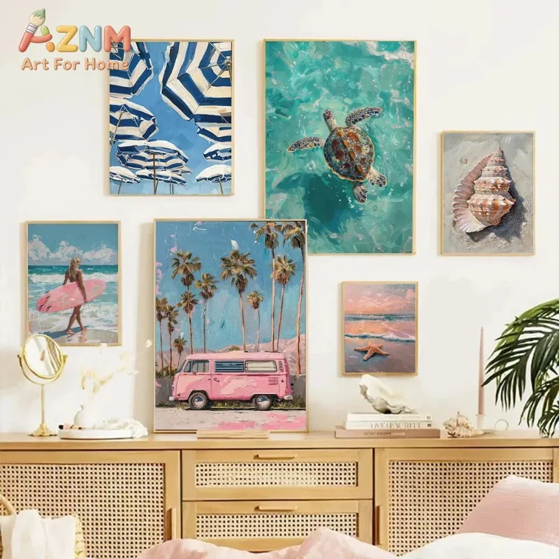 Beach Girly French Summe Cactus Palm Tree Sea Turtle Seashells Poster Print Wall Art Pictures Canvas Painting Room Home Decor