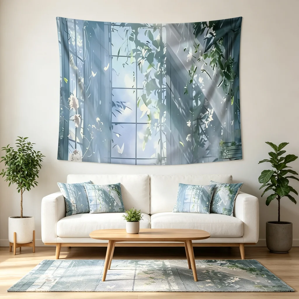 1PC Curtain Green Leaf Light Shadow Print Backdrop Banner, Bedroom Living Room Photo Background, Polyester, Home Decor, Wall Art