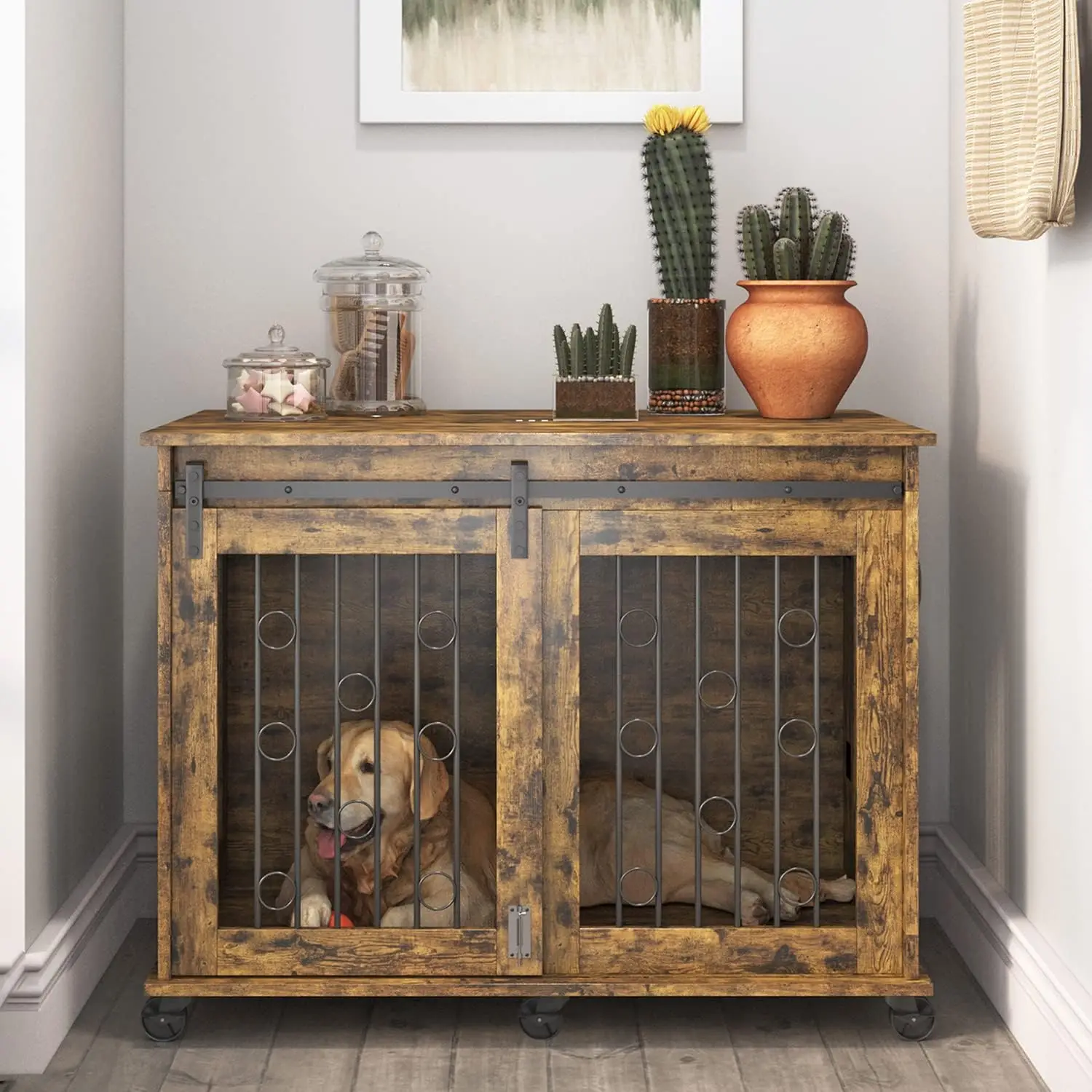 Large Dog Crate Furniture with Sliding Barn Door, 43.7