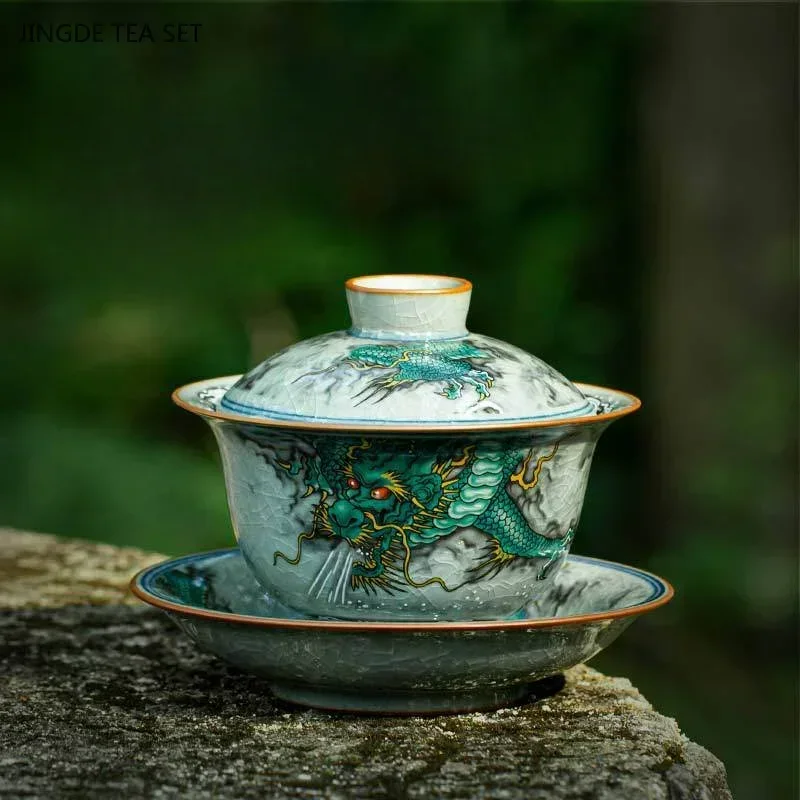 1PCS keramische gaiwan theekom Chinese retro handgemaakte tekening twaalf dierenriem dieren draak gemaakt theekopje high-end thee set gift