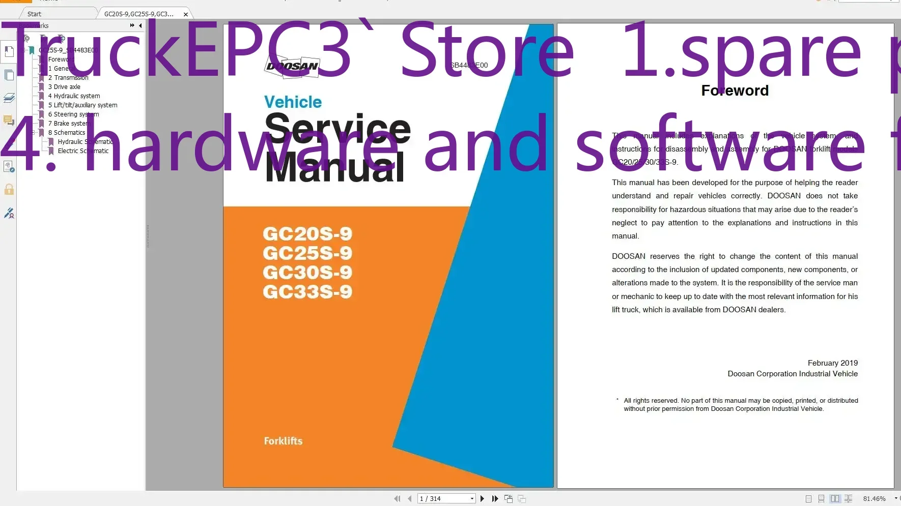 

Вилочный погрузчик TruckEPC3 Doosan 2019, руководство по обслуживанию в формате PDF и часть, ручная схема схемы, DVD