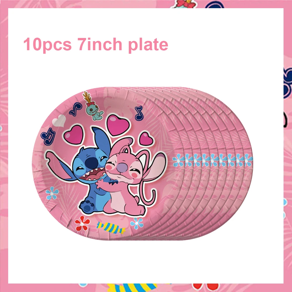 Disney Pink Lilo Stitch and Angel Birthday Party Decoration Lilo&Stitch Cups Plates Balloon Banner Bracelet Gift Favors