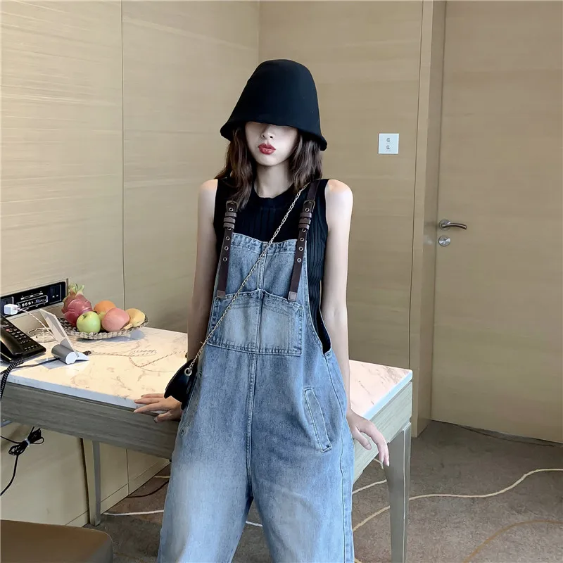 

Vintage Women Denim Jumpsuit Korean Loose Blue Jeans Spring Autumn Casual Suspender Pants Fashion Cool Girl Trousers