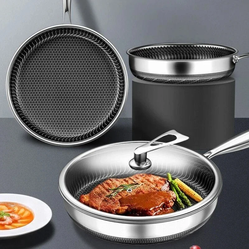 

30CM Pan with Lid 316 Stainless Steel Frying Pans Non-stick Uncoated Wok Pan Double-sided Honeycomb Skillet