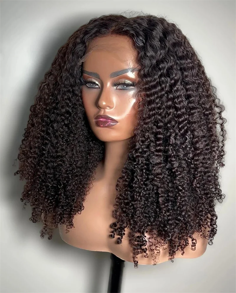 Perruque Lace Front Wig crépus bouclés sans colle pour femmes, cheveux naturels, longs, doux, noirs, 26 pouces, densité 180, pre-plucked, avec baby hair, 03/3