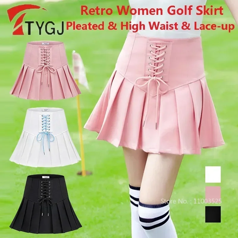 TTYGJ Women's High-waisted Pleated Golf Skirts Lace Up Tennis Skirts Ladies A-lined Yoga Workout Skorts with Inner Short