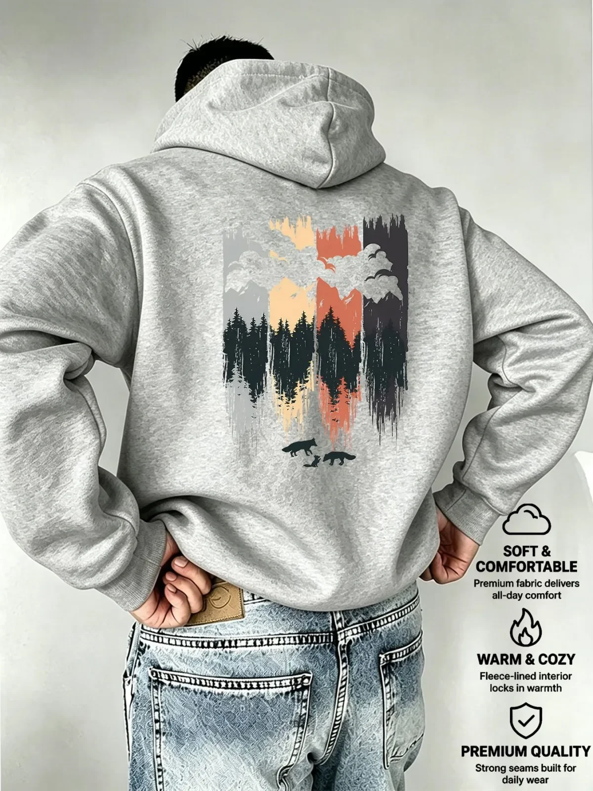Wild Animal Forest Landscape Theme Men Hooded Pullover Front‑Back Watercolor Wolf Scenery Print Daily Outerwear Hoodie
