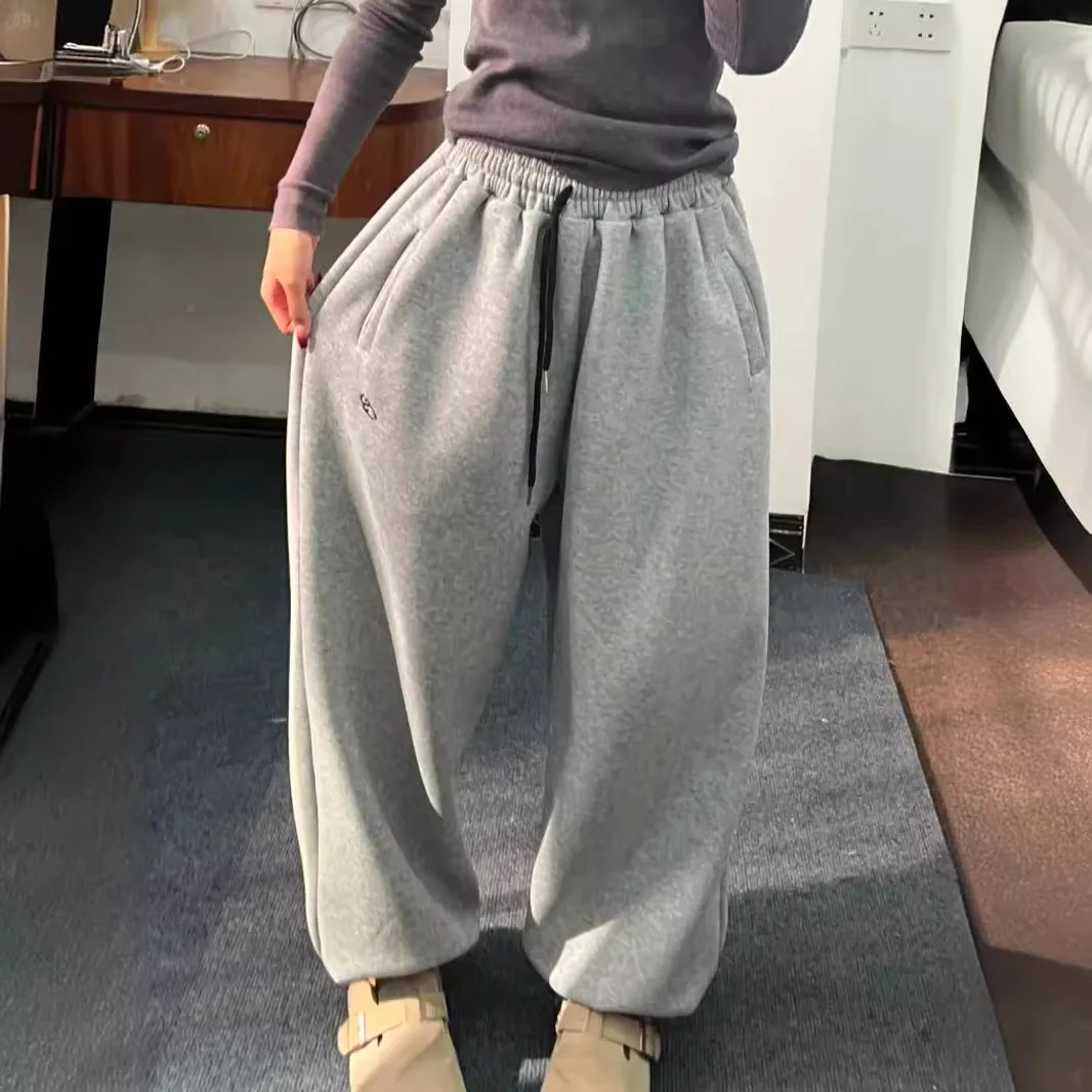 Women Gray Sweatpant 2024 Y2K Oversize Loose Thicken Plush Warm Sport Pants Casual Elastic Waist Pockets Wide Leg Trousers