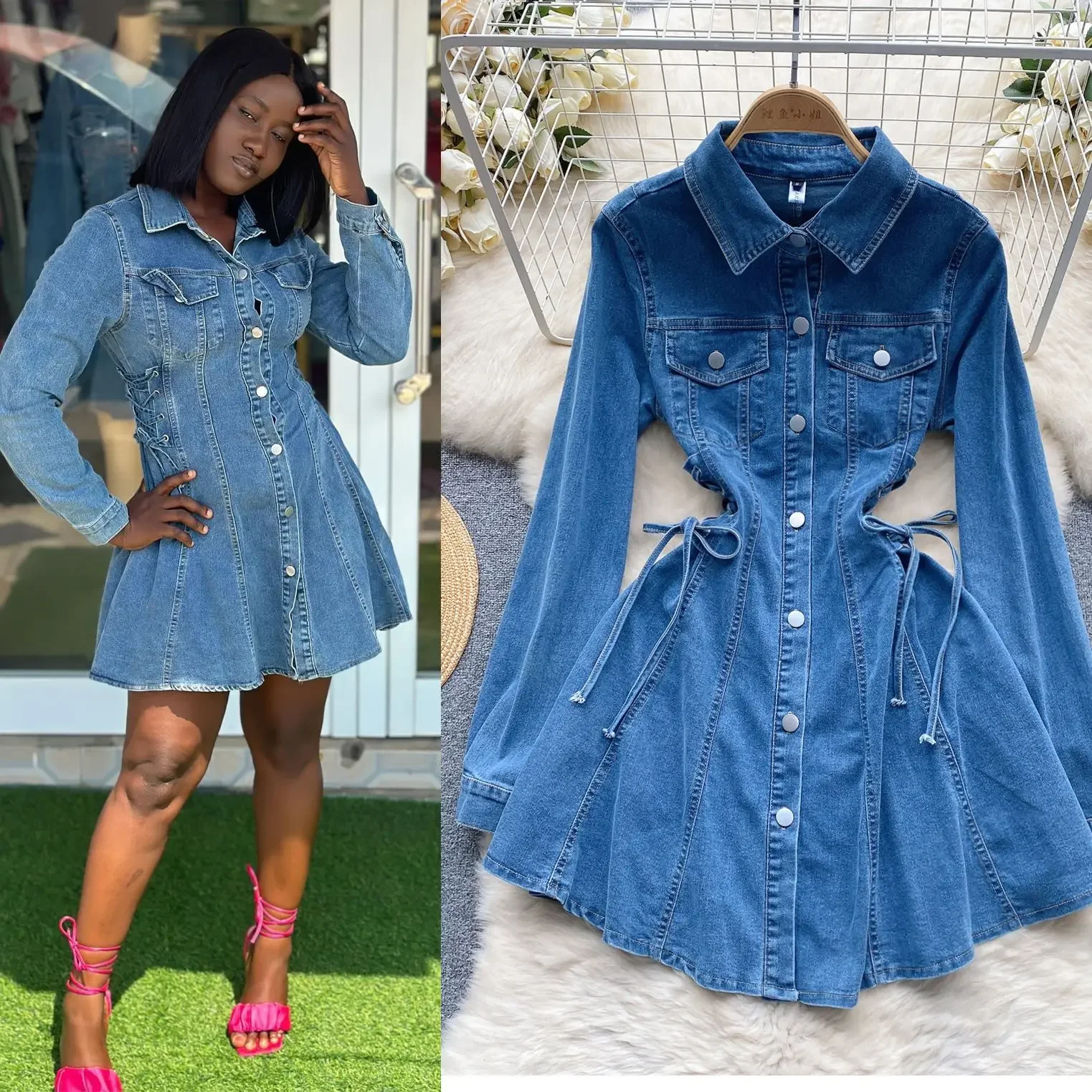 

Retro Denim Long-sleeved Dress.Ladies Autumn New Fashion Design Sense Waist Tie Up Temperament Single-breasted Short Dress Women