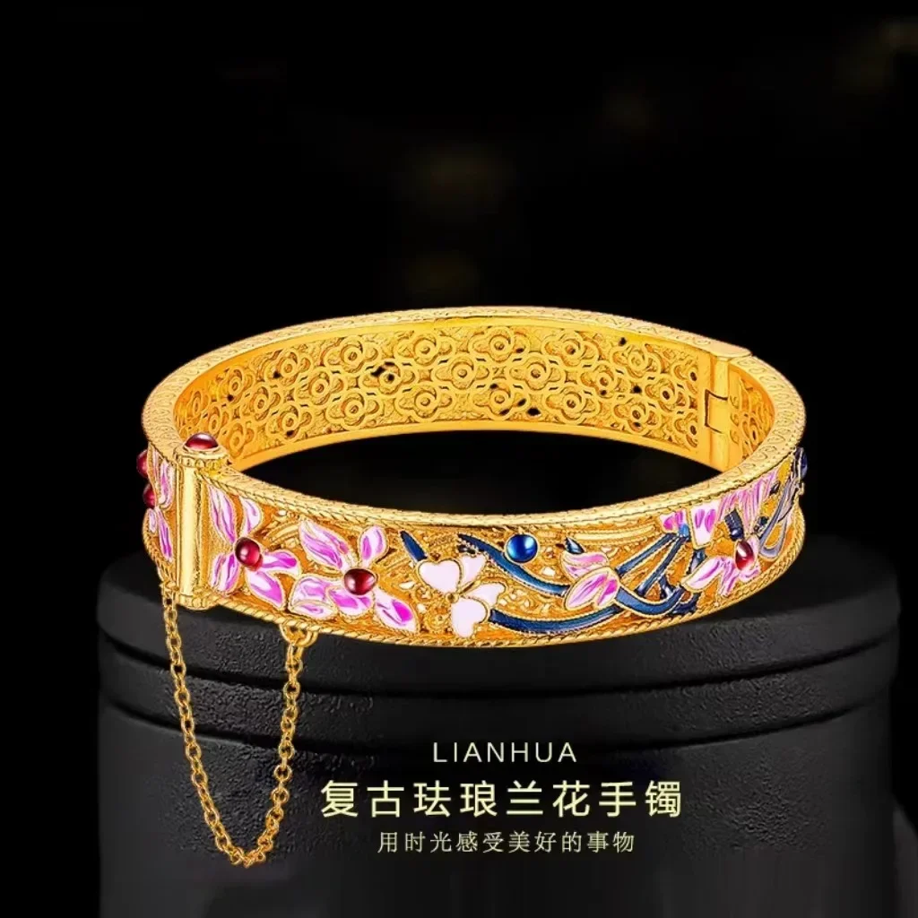 AU750 gold bracelet antique enamel orchid 18K bracelet retro palace filigree inlaid open buckle bracelet