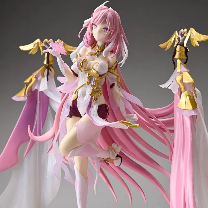 In Stock Pink Long Hair Warrior Girl Figure White Gold Outfit Wing Ornament Flowing Ribbon Pink Pattern Base Desktop Decor Gift