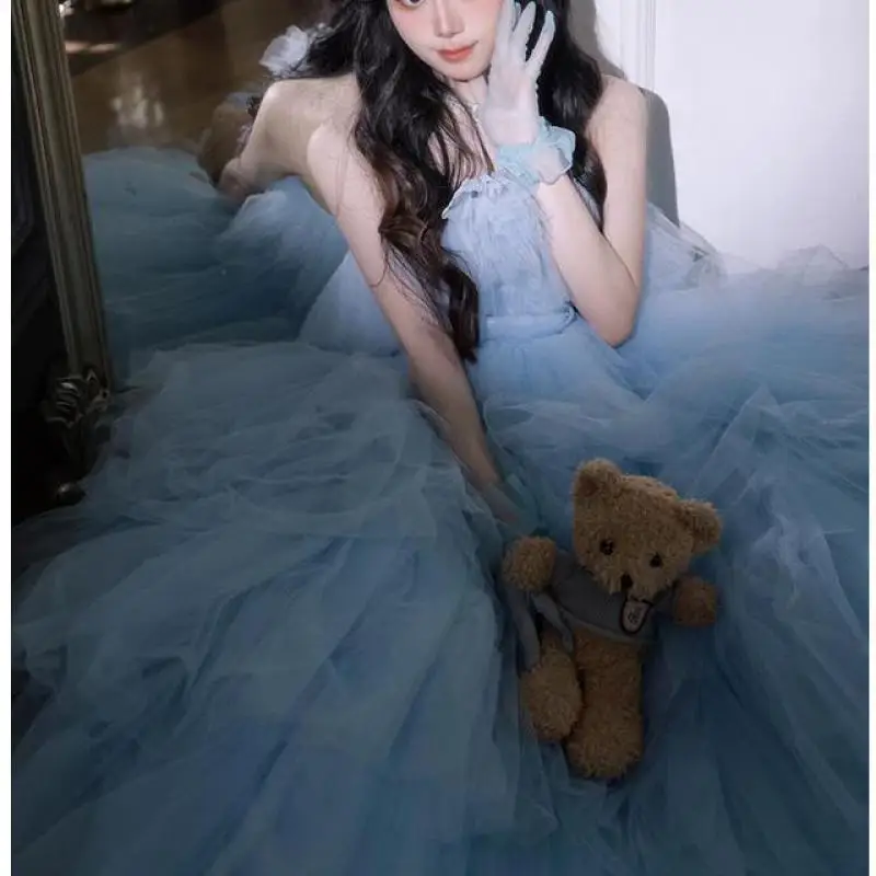 Customized New Wedding Dresses Ball Gown Sexy Strapless Sleeveless Simple Brithday Party Dress Elegant Long Blue Bridal Dresses