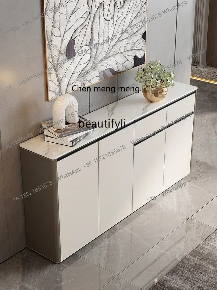 

P178 Saddle Leather Sideboard Cabinet Living Room Solid Wood Marble Hallway Stone Plate Storage Tea Cabinet