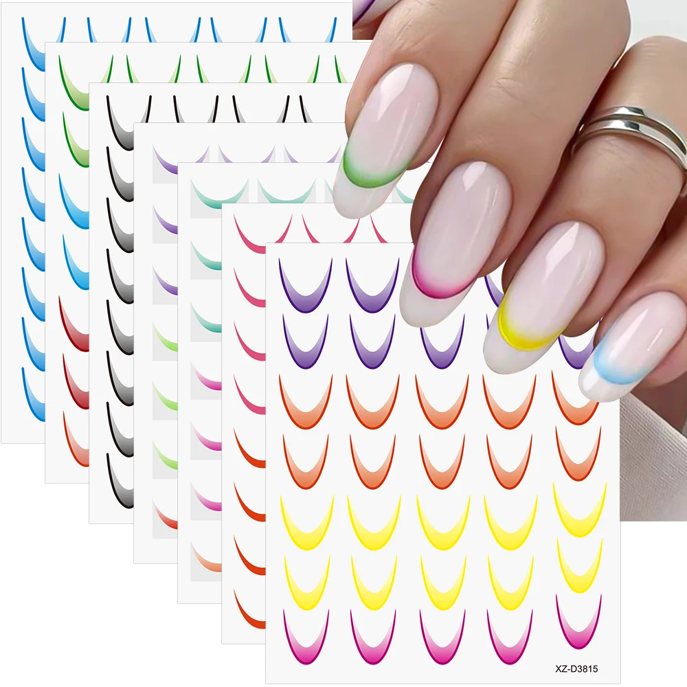 9pcs Gradient French Nail Art Stickers Ink Blooming Wave Line Self-Adhesive Sliders Colorful Stripe Ombre Design Nail Art Decals