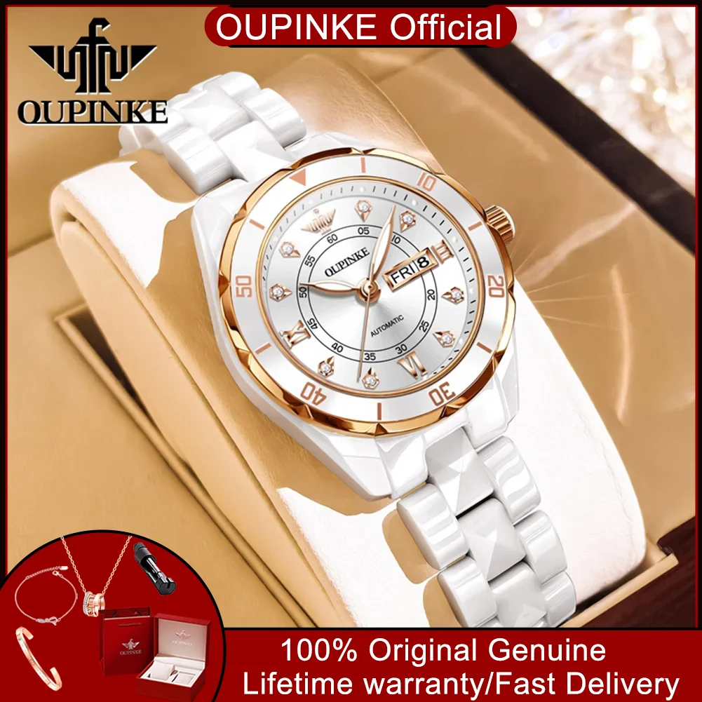 OUPINKE 3301 Automatic Watches for Women Elegant Luxury Fully Ceramics Strap Rose Gold Diamond Dial Ladies Mechanical Wristwatch
