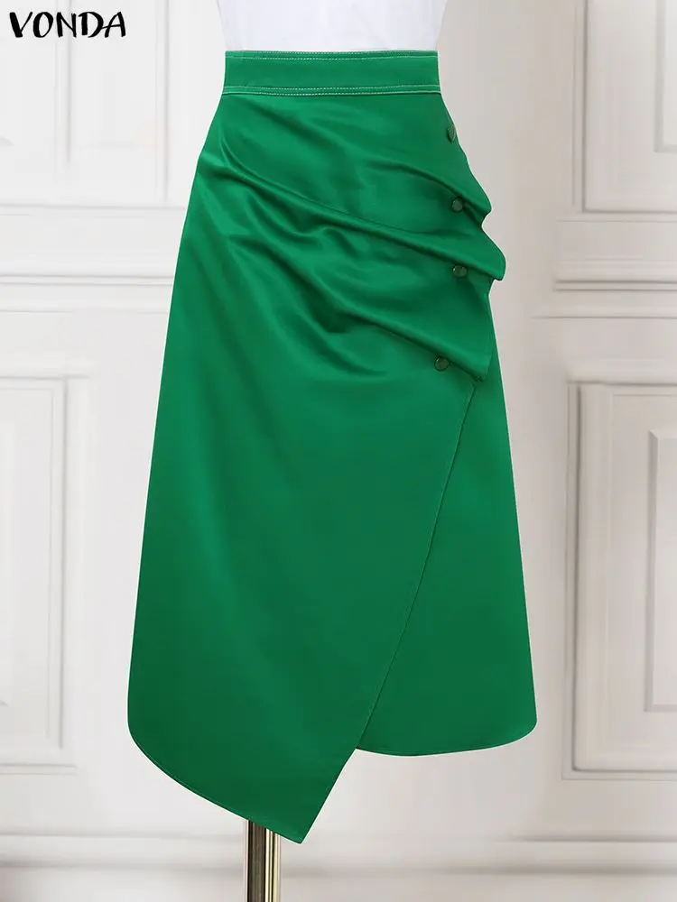 Faldas de satén de talla grande VONDA elegantes para mujer, Faldas plisadas asimétricas con botones de cintura alta, Faldas largas lisas a la moda Saia 5XL