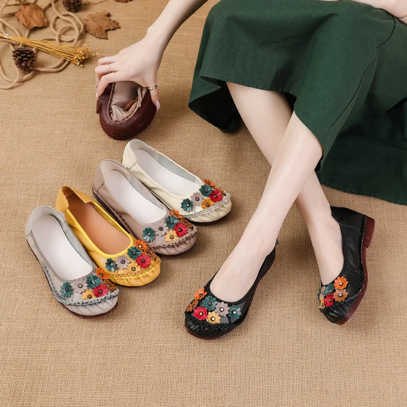 2024 New Women Flats Handmade Casual Women Shoes Woman Flower Genuine Leather Flat Shoes Ballet Flats Women Loafers