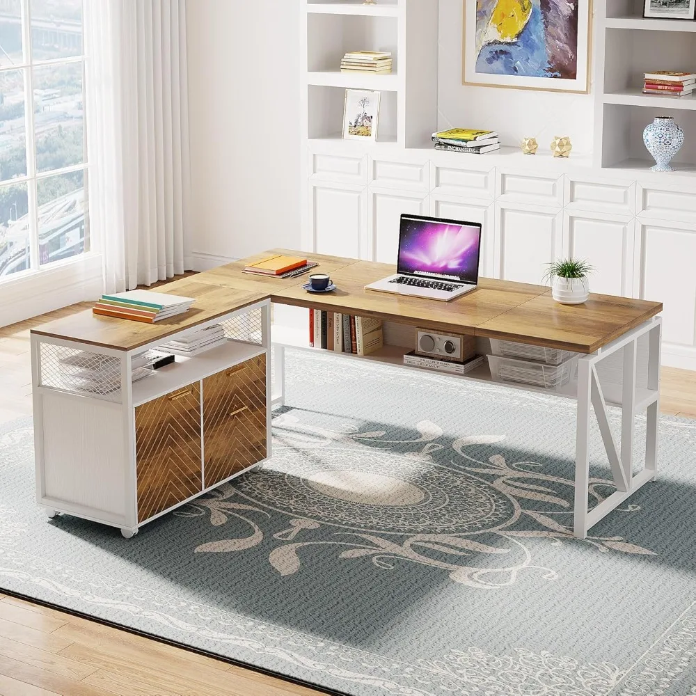 Mesa em forma de L com gaveta, 55 "Executive Computer Desk e armário de arquivo vertical, 2 peças de mobiliário Home Office com gavetas