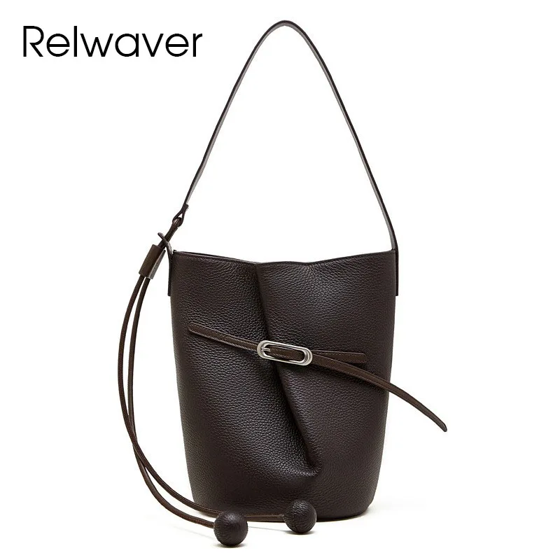 

Relwaver bucket bag genuine leather shoulder bag coffee brief crossbody bag party underarm bag 2026 spring women handbag