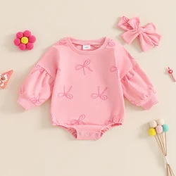 Baby Girls Fall Romper Sets Outfit Long Puff Sleeve Crew Neck Bow Print Jumpsuits with Headband