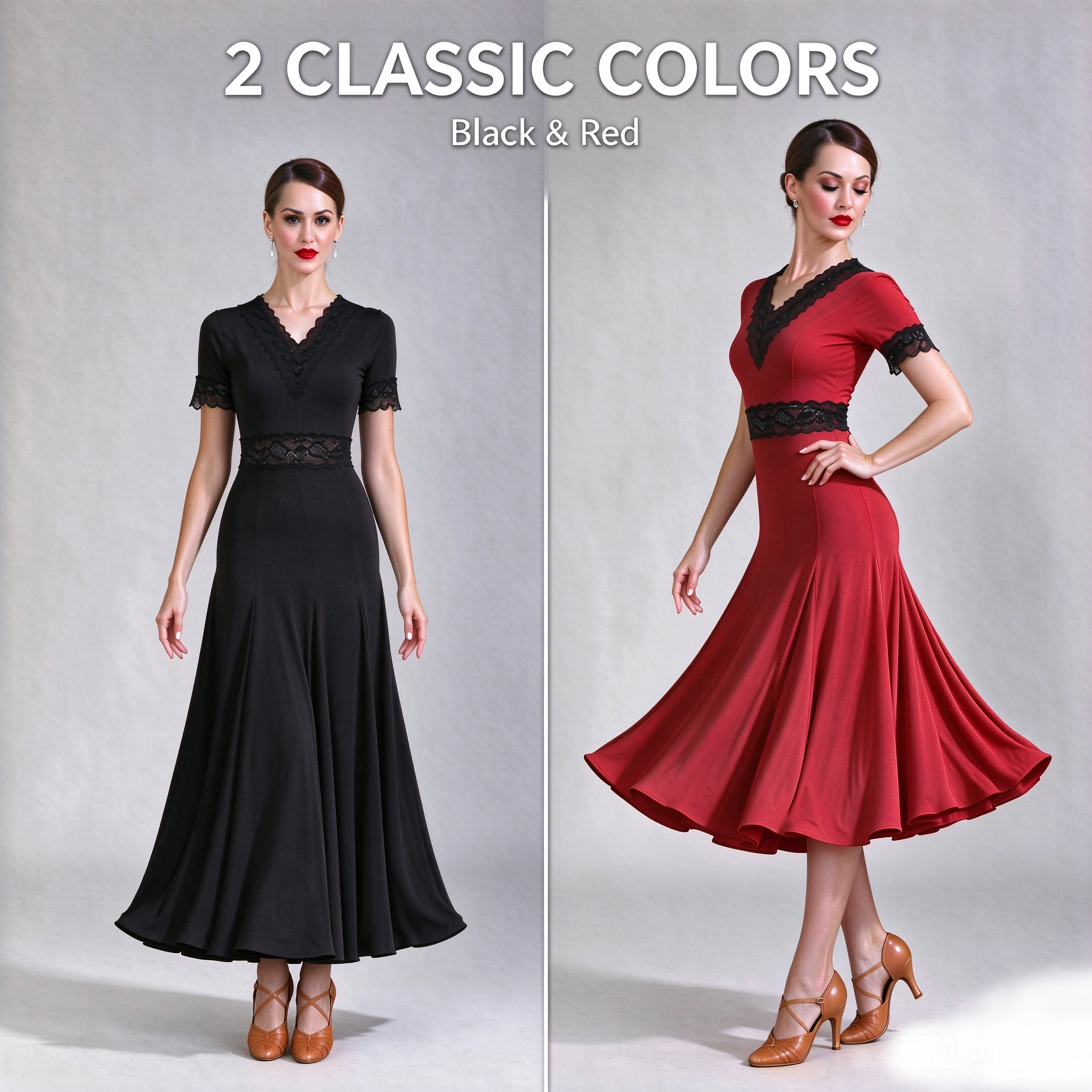 Women Ballroom Modern Dance Dress, V Neck Lace Mesh Sleeve, Flowy Large Swing Skirt for Waltz Tango Competition & Practice