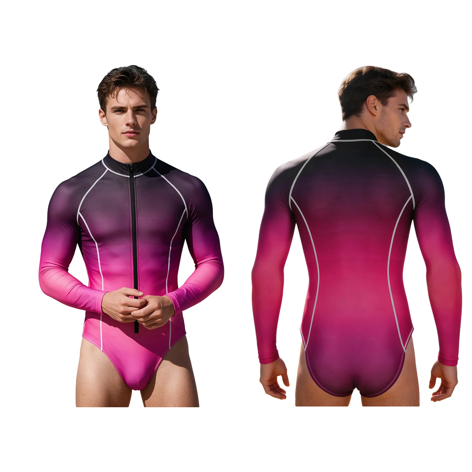 Men One-piece Swimwear Gradient Glossy Zipper Bodysuit Rash Guard Wetsuit Bathing Suit Surfing Beach Pool Water Sports Swimsuit