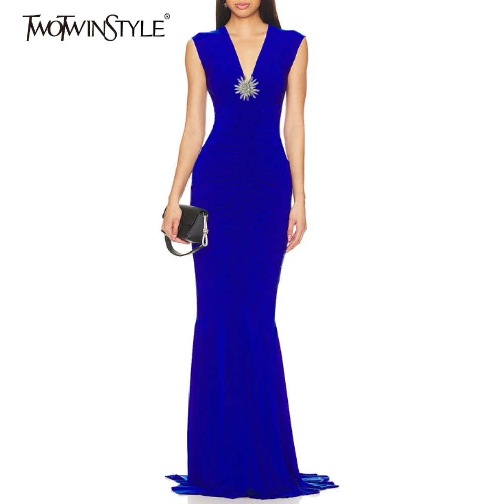 

TWOTWINSTYLE однотонные утягивающие элегантные платья со складками для женщин с v-образным вырезом без рукавов в стиле пэчворк с бриллиантами модное женское платье