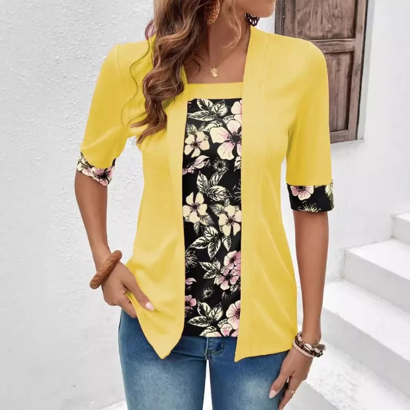 Summer New European American Women's Clothing False Two-Piece Short-Sleeve Printed Ladies Top T-Shirt