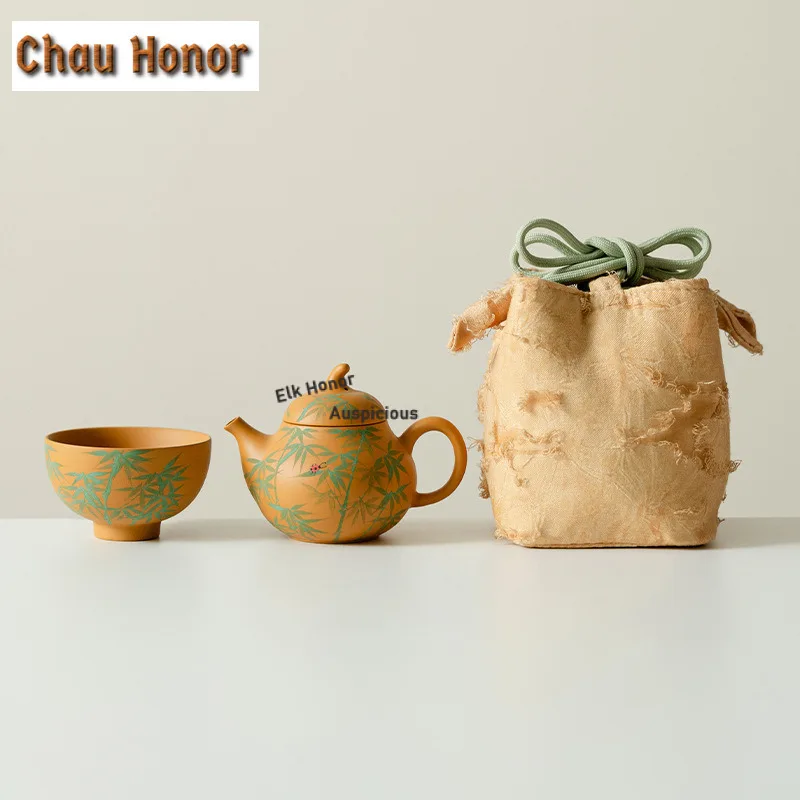 Pure Hand-painted Bamboo Eggplant Melon Zisha Travel Tea Set Kit  1 Pot 1 Cups Tea Maker Organizer Portable Camping Handbag Gift