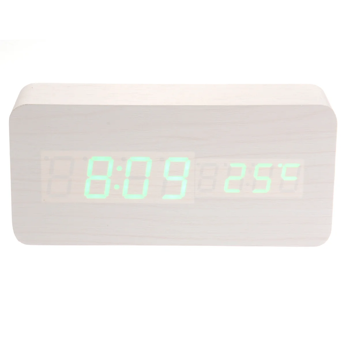 

Led Wooden Desk Clock White Green Digital Display Alarm With Voice Control Temperature Usb Aaa Powered 12/24H