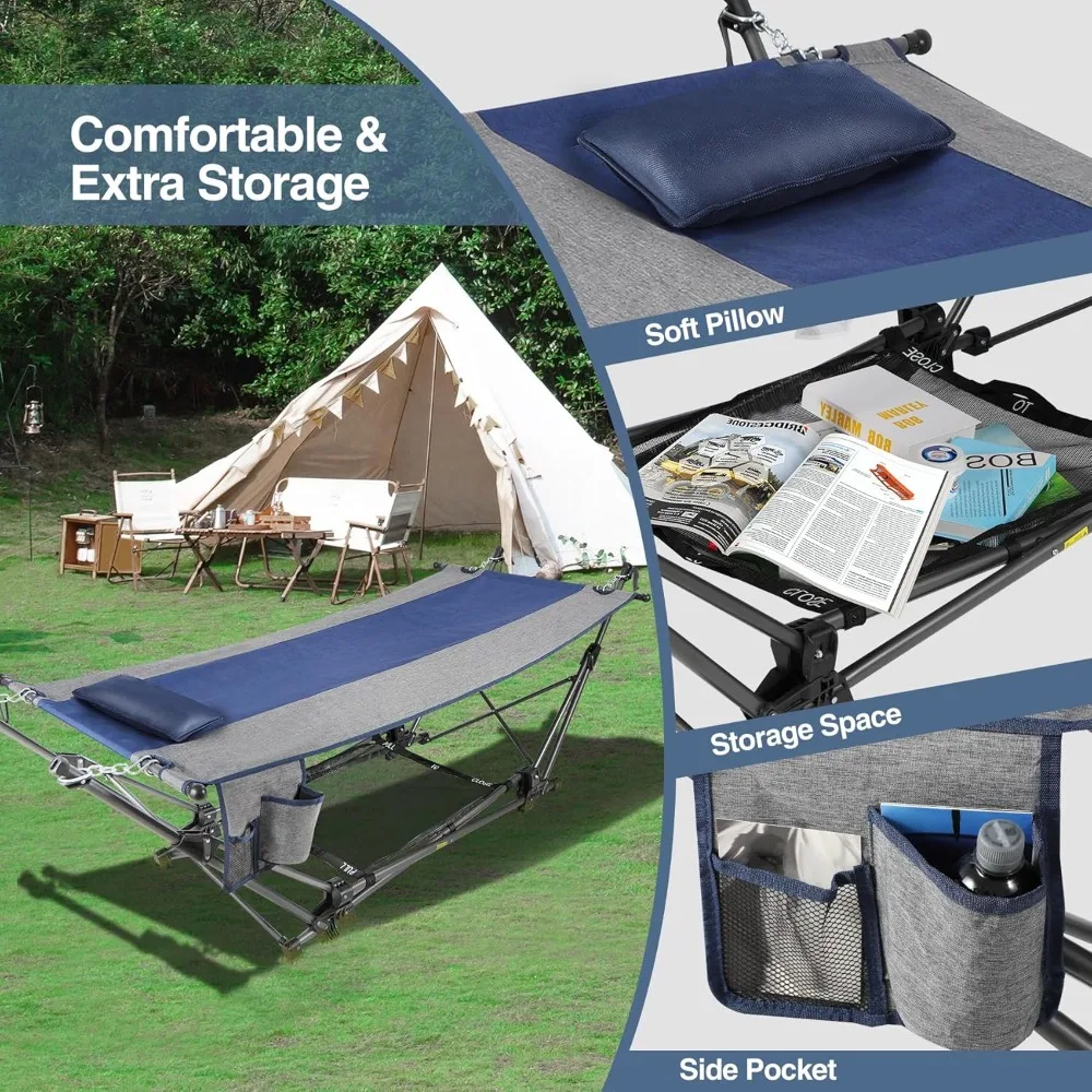 

Portable Folding Hammock with Stand,Foldable Camping Hammock with Removable Pillow,Storage Net,Foldable Lounge Camping