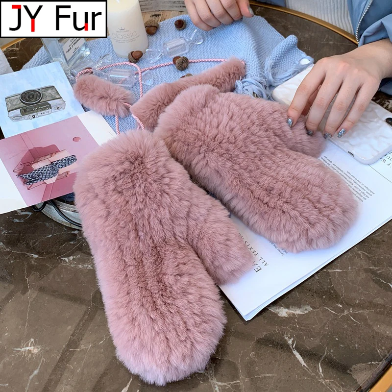 Women\'s Winter Real Rex Rabbit Fur Gloves Warm Thick Ladies Fur Mittens Elastic Girls Ski Glove Mitts Elastic Soft With String