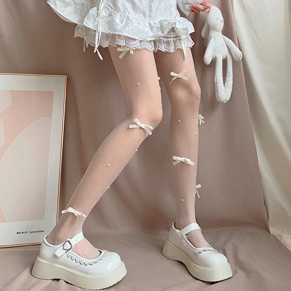 Fashion Bow Pearl Embroidery Stockings Ultra-thin Mesh Pantyhose Sweet Girls Comfortable Breathable Tights