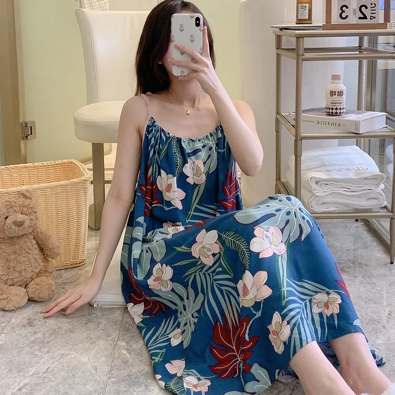 Schoolgirl Nightdress Cotton Silk Sling Outerwear Dress thin Night Gown Women Summer Dress