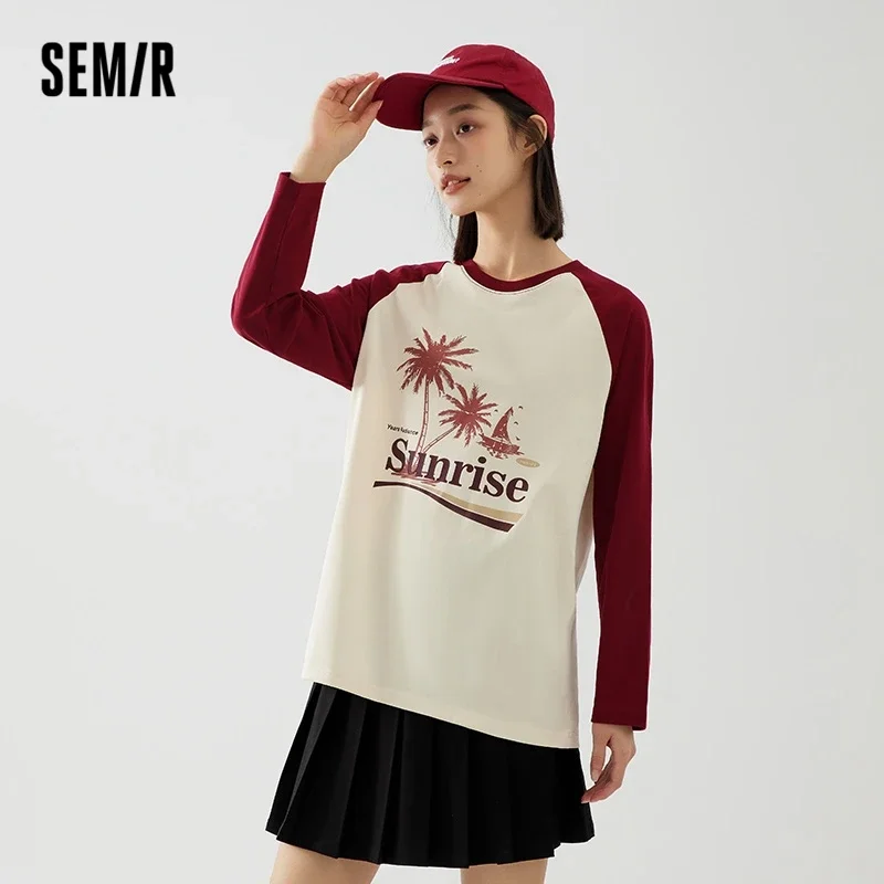 

Semir 2023 Women Shirt Long-Sleeved T-Shirt Mid-Length Loose Raglan Sleeves Autumn New Retro Printed Tops Holiday Style