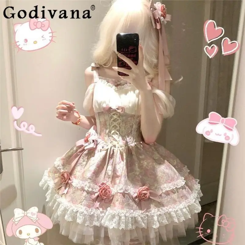 

Girl's Pink and Blue Lolita Dress Spring Summer Jacquard Sweet Princess Dress Women's Original Design Birthday Party Dress