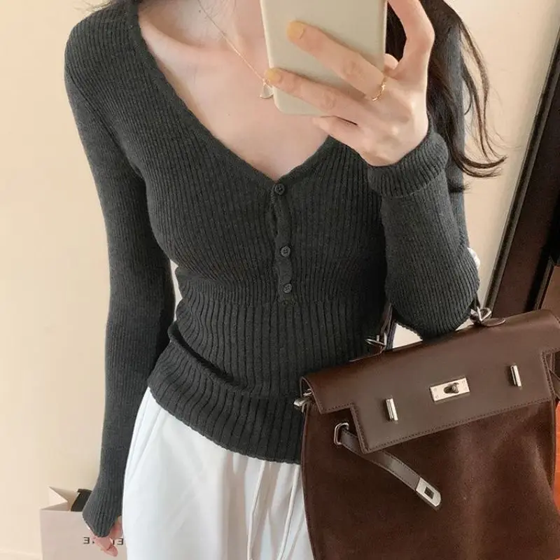 Autumn Winter V-Neck Screw Thread Solid Color Button Sweater Knitted Women\'s Clothing Long Sleeve Office Lady Sweet Chic Tops