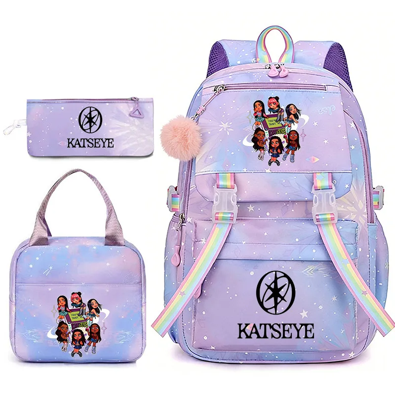 Katseye Backpack Set 3 Pcs Gradient Galaxy School Bag With Lunch Bag Pencil Case For Daily Travel Use