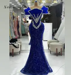 New In Royal Blue Long Mermaid Evening Dresses with Silver Crystals 2024 Arabic Glitter Formal Sequins Women Party Gowns