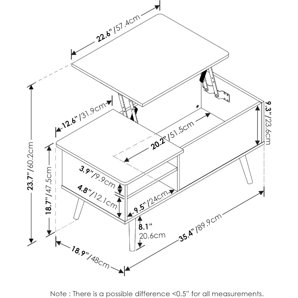 Table basse relevable en bois pour salon, compartiment GNE, étagère de rangement ouverte sur le côté, gris chêne français